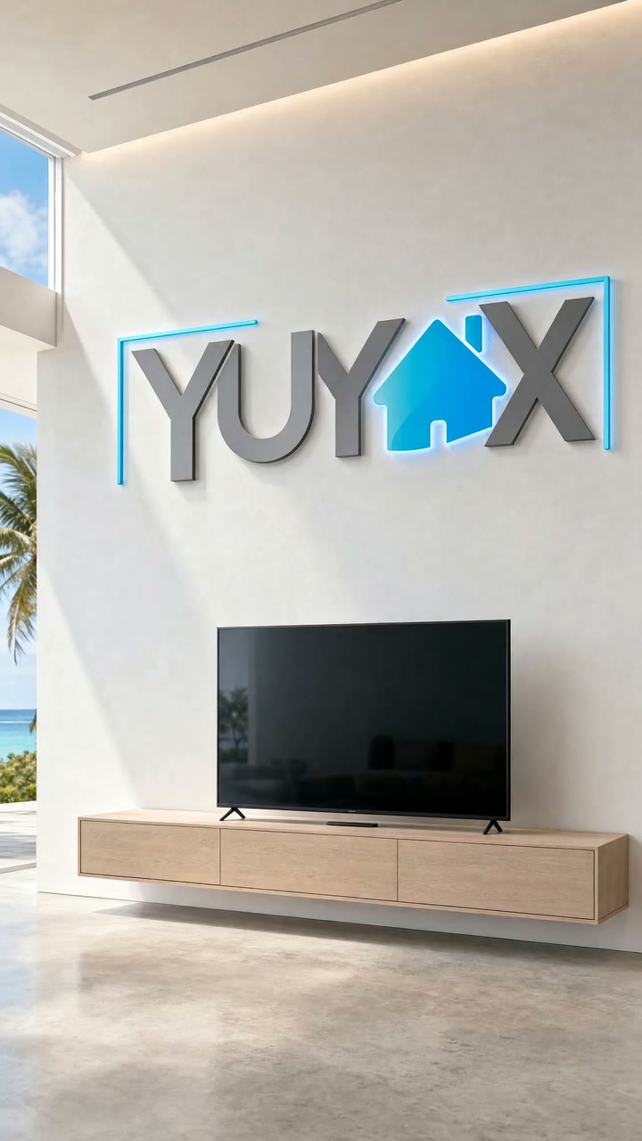Letrero de Yuyax Electronics en la pared de un showroom, sobre un televisor